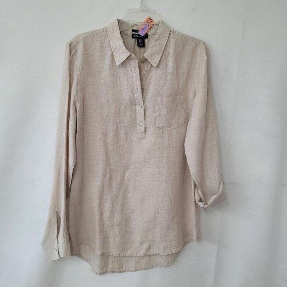 Jones New York Tops - Jones New York Linen Pop Over Henley Collared Shirt Women Size L Tan Long Sleeve